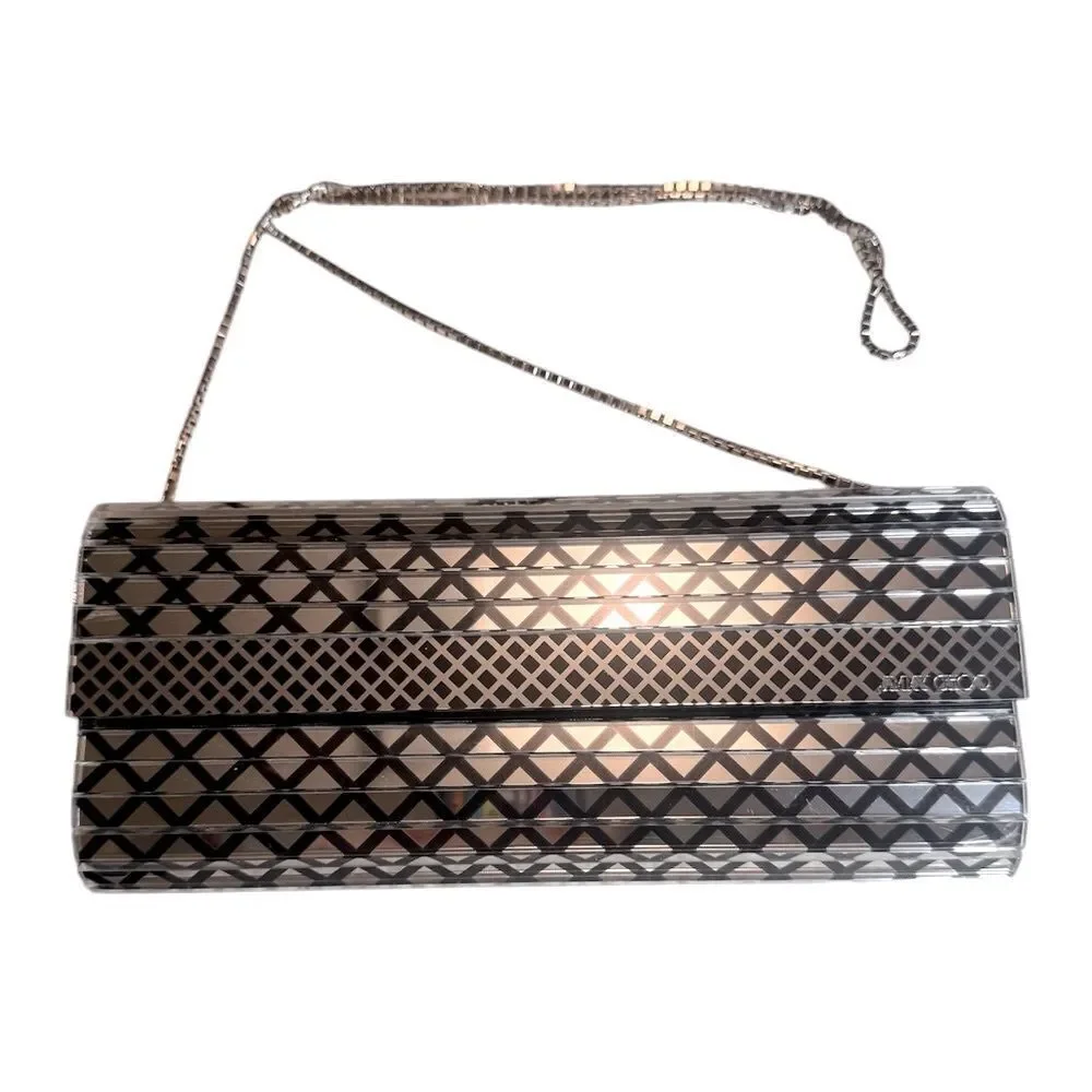 Auth Jimmy Choo Black & Clear Diamond Print Acrylic Sweetie Clutch Silver Chain